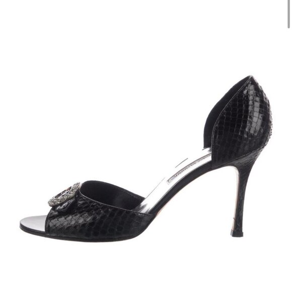 Manolo Blahnik Black Snakeskin Heels with Crystal Embellishment - Picture 2 of 5